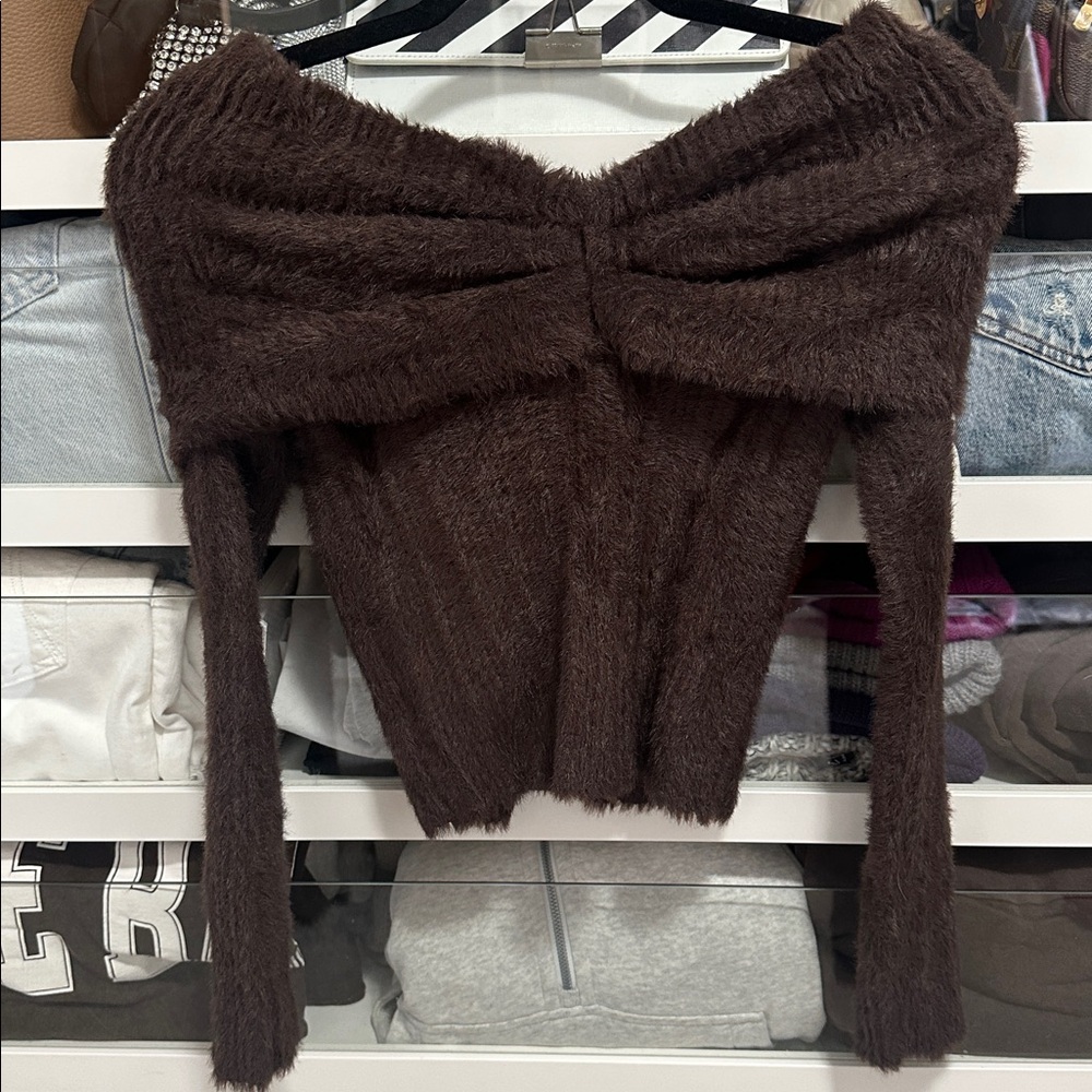 ASTR the Label Brown Fuzzy Off‎ the Shoulder Sweater - Picture 5 of 5